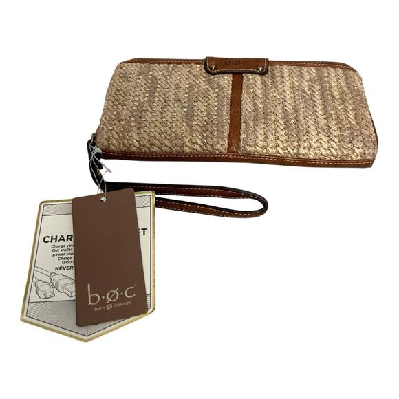 BOC Born Concept Charging Phone Bank Zip Wristlet Wallet Straw & Brown Saddle - Picture 1 of 6